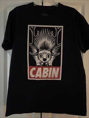 CAbi Black Short-Sleeve Graphic Tee with White Mascot and Red CABIN Block
